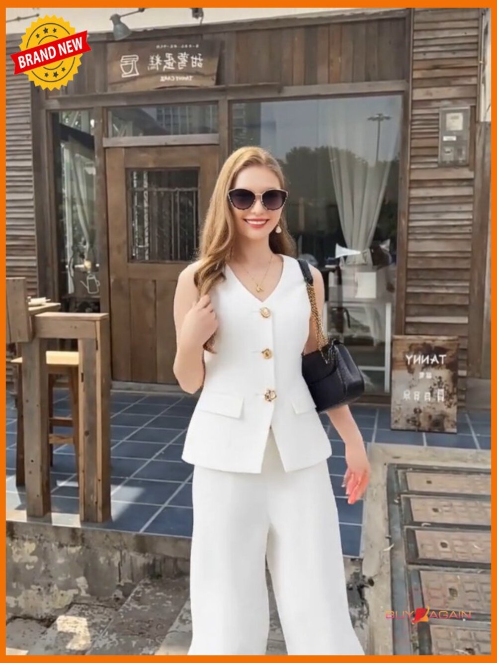 Sleeveless Blazer Vest & Wide Leg Pantsuit Set - 2 Piece Business Outfit - Picture 7 of 7
